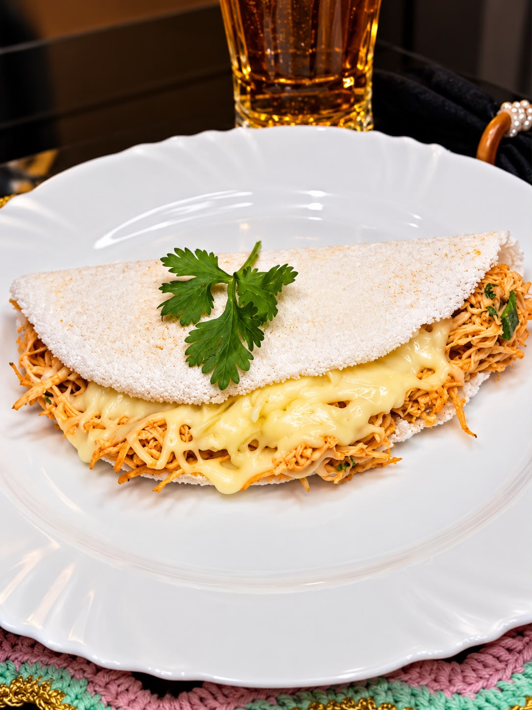 Tapioca salgada com frango e queijo
